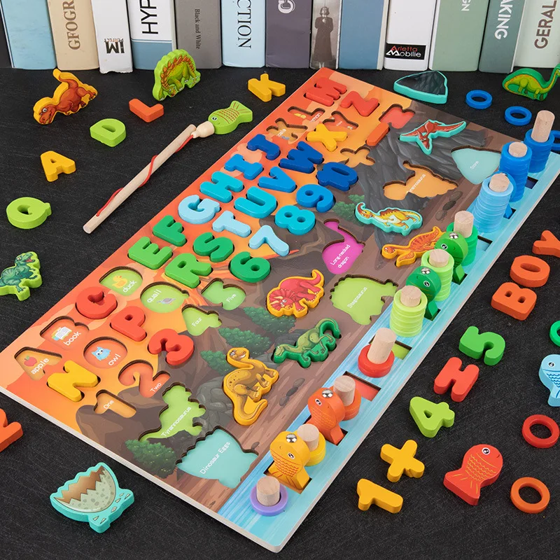 

Montessori Wooden Education Toys Children's Preschool Magnetic Fishing Dinosaur Cognition Matching Logarithmic Busy Board Toys