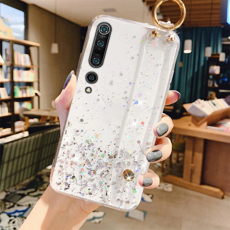 

Luxury Bling Glitter Wristband Silicone Phone Case For Xiaomi Mi 11 10 9 T 8 Lite Pro Redmi Note 9 8 7 Ultra-thin Lanyard Cover
