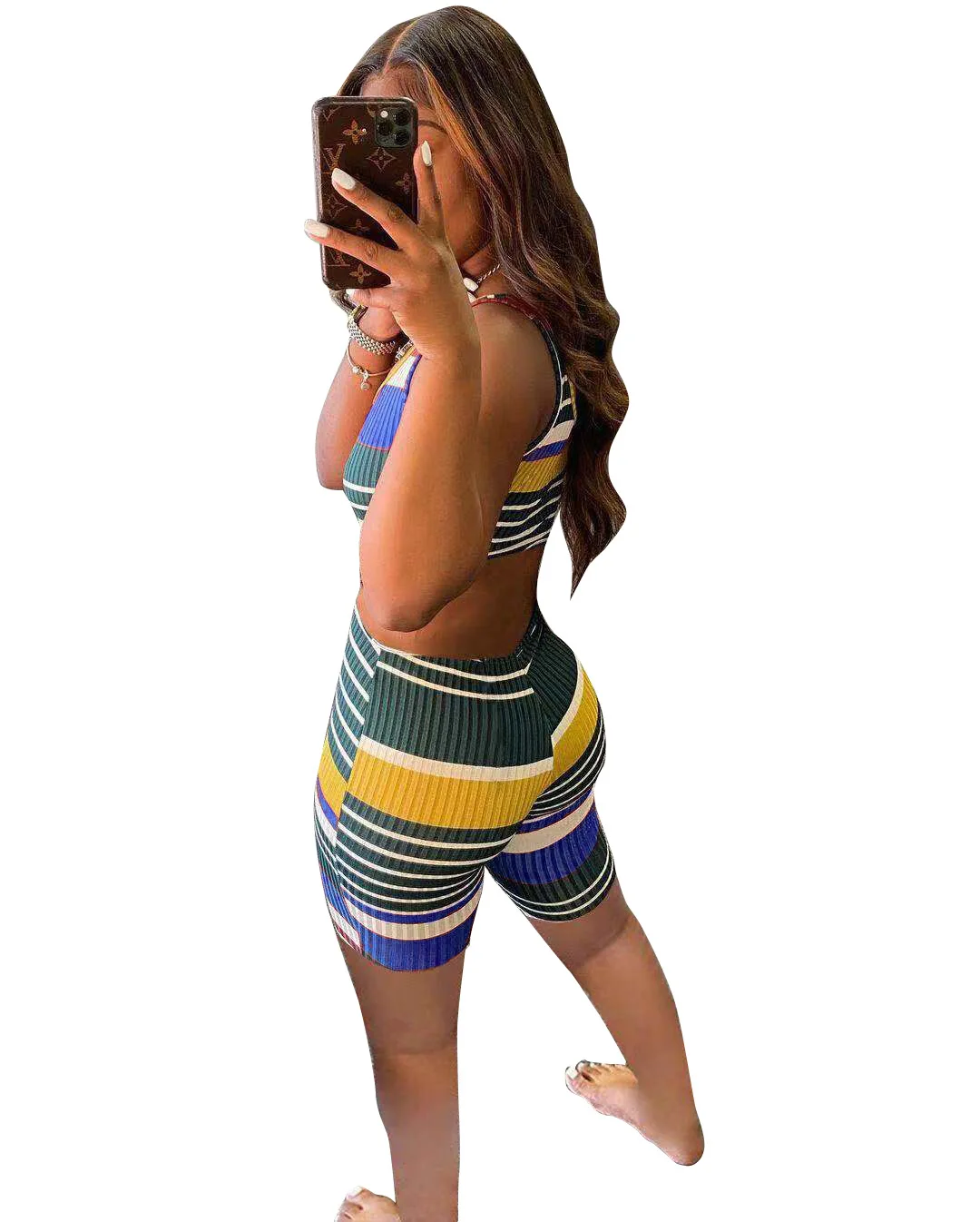 

2021 Summer Women's Clothing Hot Sale New Color Striped Thread Sleeveless Shorts Casual Sports Two-Piece Set