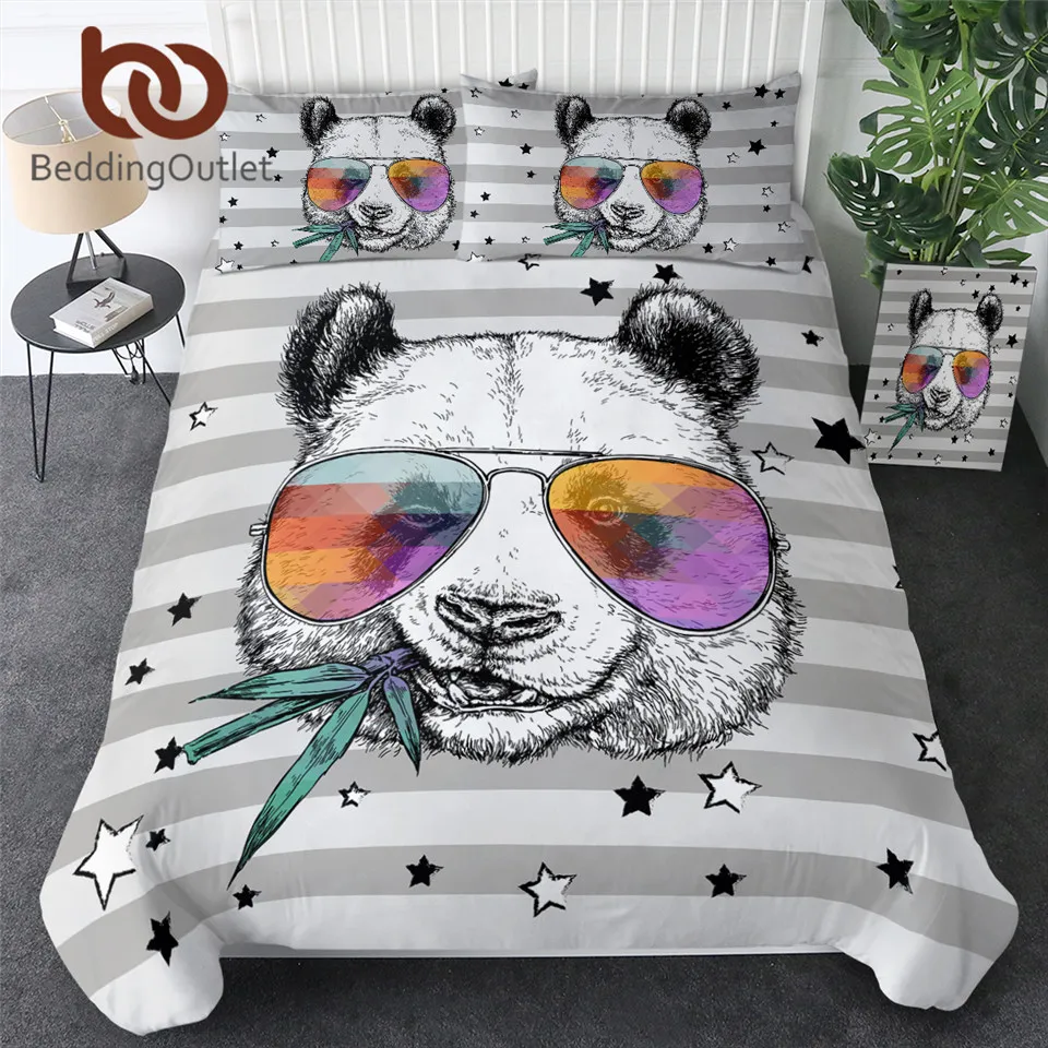 BeddingOutlet Funny Panda Bedding Set Luxury Colorful Glasses Duvet Cover Bamboo Leaf Bedclothes Striped Stars Bed | Дом и сад