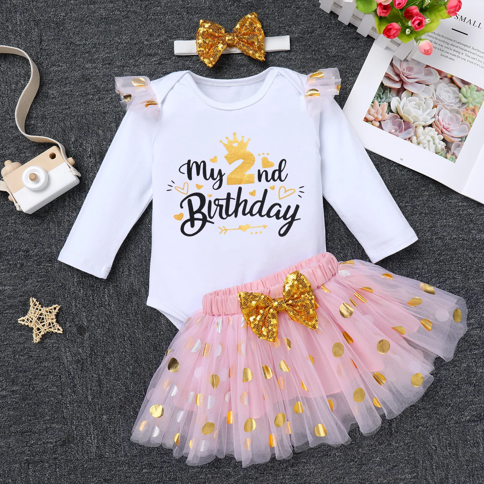 6M-2Y Baby Girls Birthday Outfit Long Sleeve Letters Printed Romper Tops With Skirt And Headband 3pcs Sets Cake Smash Dress