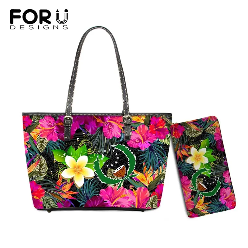 

FORUDESIGNS Pohnpei Polynesian Hawaiian Plumeria Flower Pattern Women's PU Shoulder Bags Large Tote Purse for Female Hangbag Set