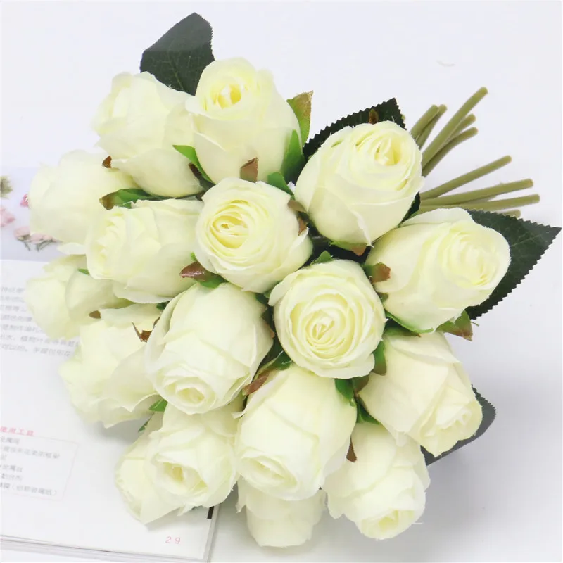 White green Имитация 18 голов розы Искусственный Букет шелк искусственный цветок для дома прикроватный столик отель офисный интерьер или невесты ручной цветы - Цвет: White green