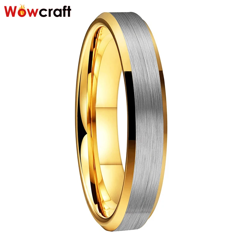 

4mm Tungsten Wedding Bands Gold Brushed Finish Surface Womens Rings with Beveled Edges Comfort Fit Free Engraving Inside