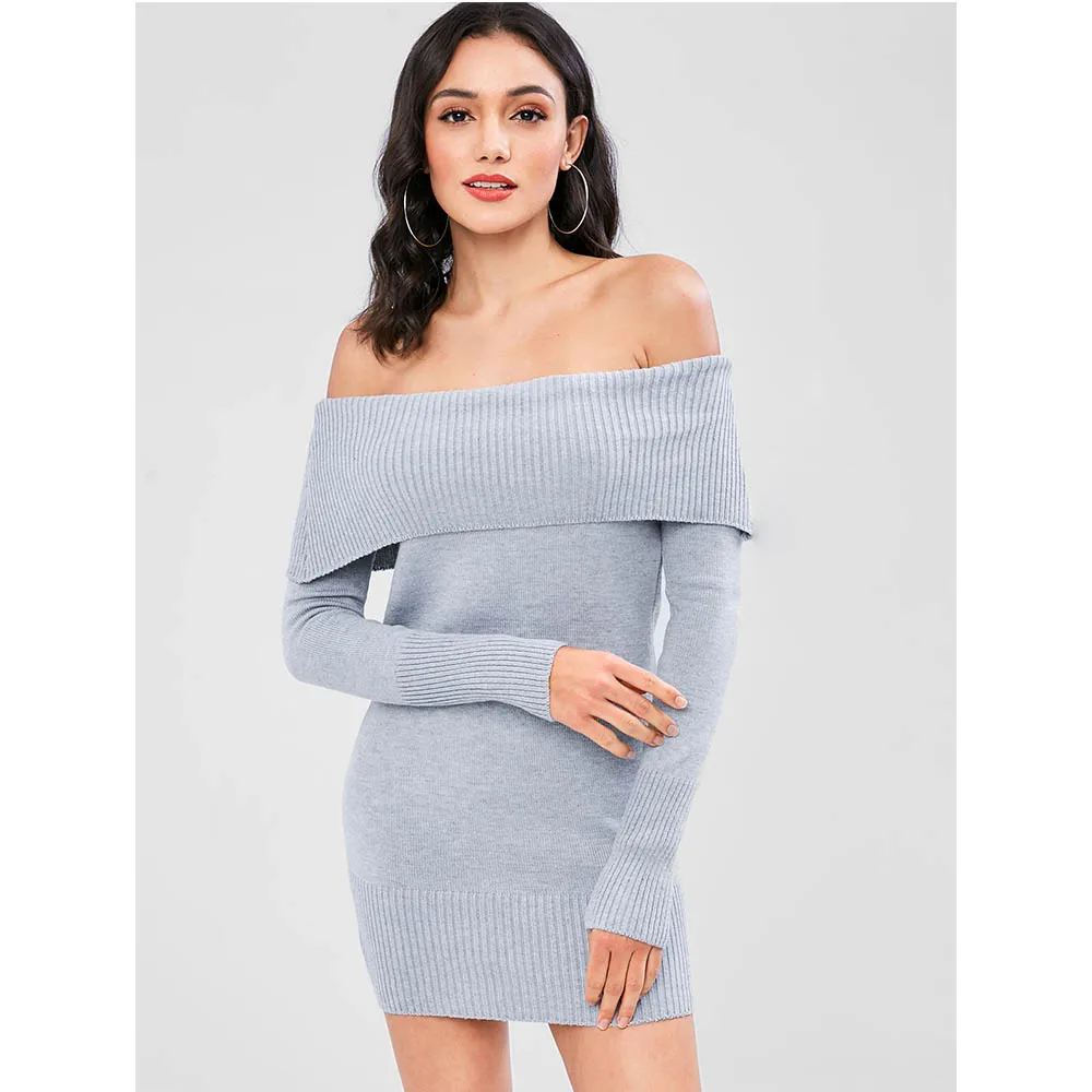 ZAFUL Свитер платье с открытыми плечами женская сексуальная осень белое мини