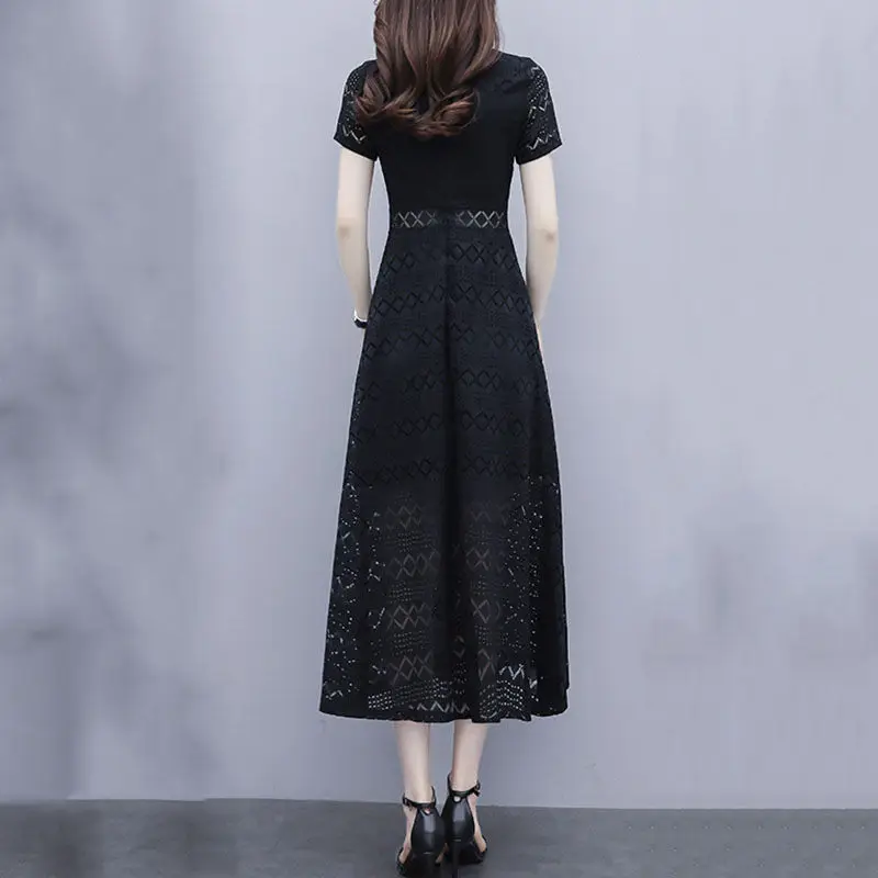 

Black Lace Slim Short Sleeve Summer Dress Womens Hollow Retro French Style Dress 2021 New Large Size 4XL Female Vestidos aq883
