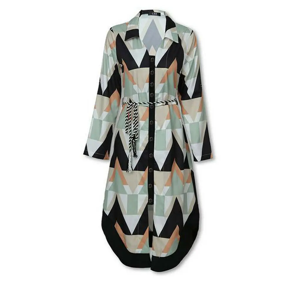 Женское длинное платье-рубашка с длинным рукавом и волнистым принтом