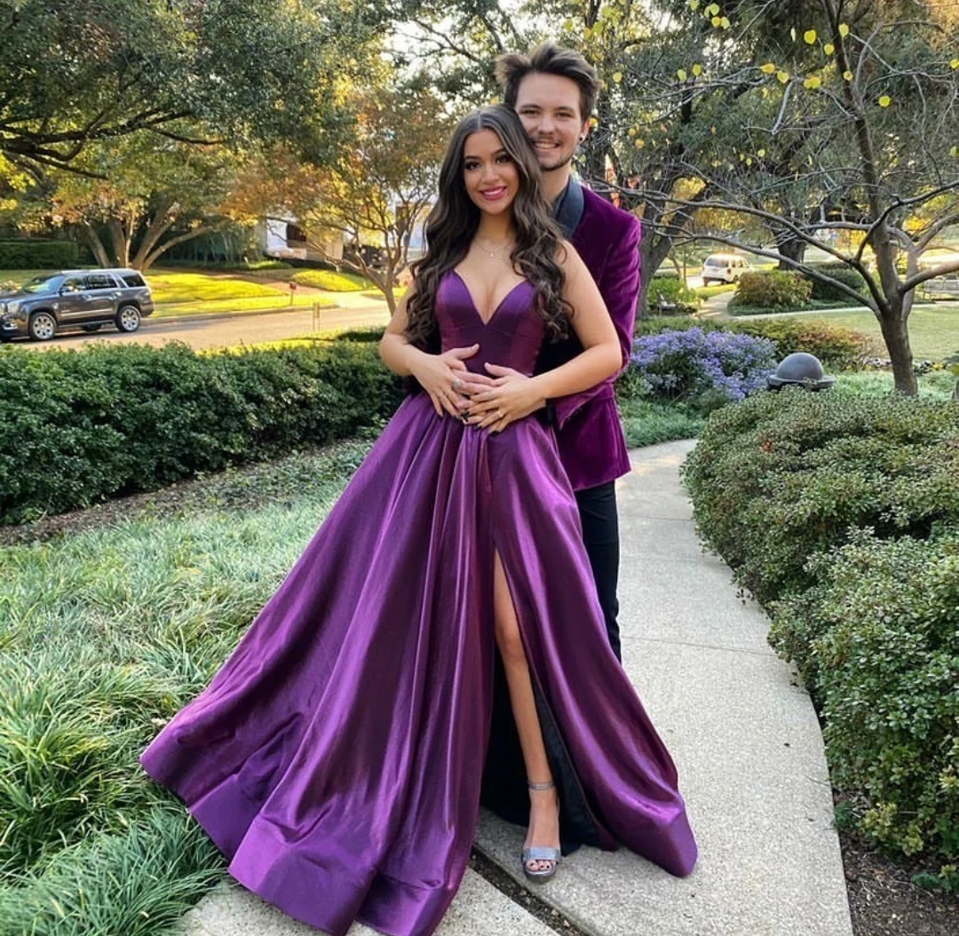 

Sexy Long V-Neck Taffeta Evening Dresses with Pokcets A-Line Corset Back Purple Abendkleider Robes De Soirée for Women