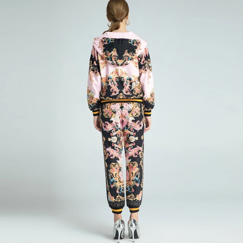 

2020 AUTUMN VINTAGE PRINT FRONT ZIP LONG SLEEVE JACKET & PANTS SET