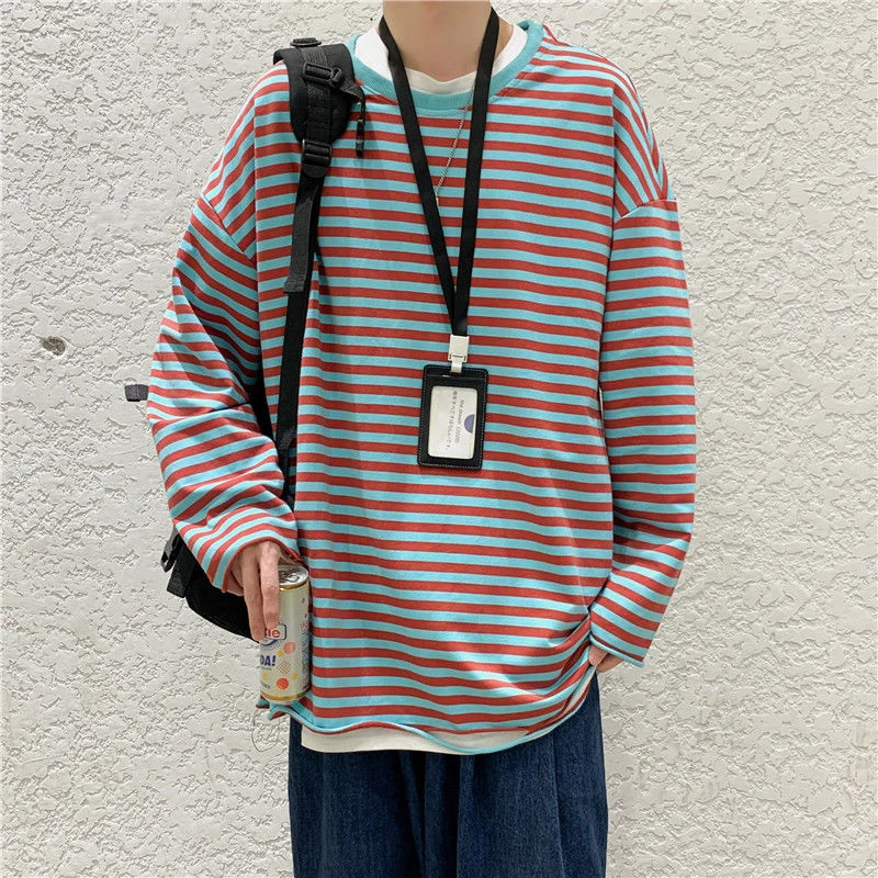 

Striped Print Long Sleeve Men T Shirt 2022 Fashion Branded Teenagers Harajuku Causal Oversized Pullovers Japanese Streetwear Top
