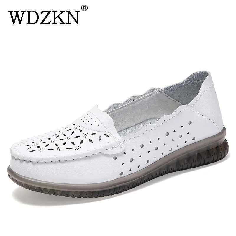 

WDZKN Fashion Shallow Hollow Breathable Flat Loafers Women Slip on Casual Genuine Leather Shoes Soft Bottom Plus Size 35-41