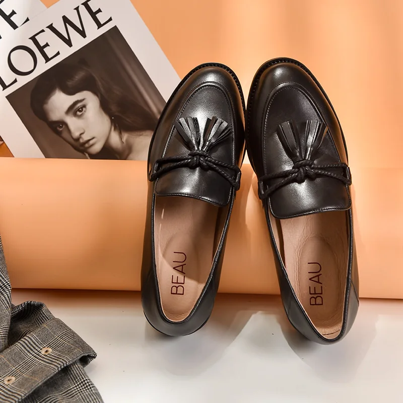 BeauToday/женские лоферы с кисточками Обувь из телячьей кожи на плоской подошве в