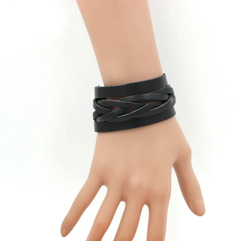 New Black Color Genuine Leather Handmade Weave Punk Wide Cuff Bracelets&ampBangles Women Men Jewelry Accessorie Wristband | Украшения и