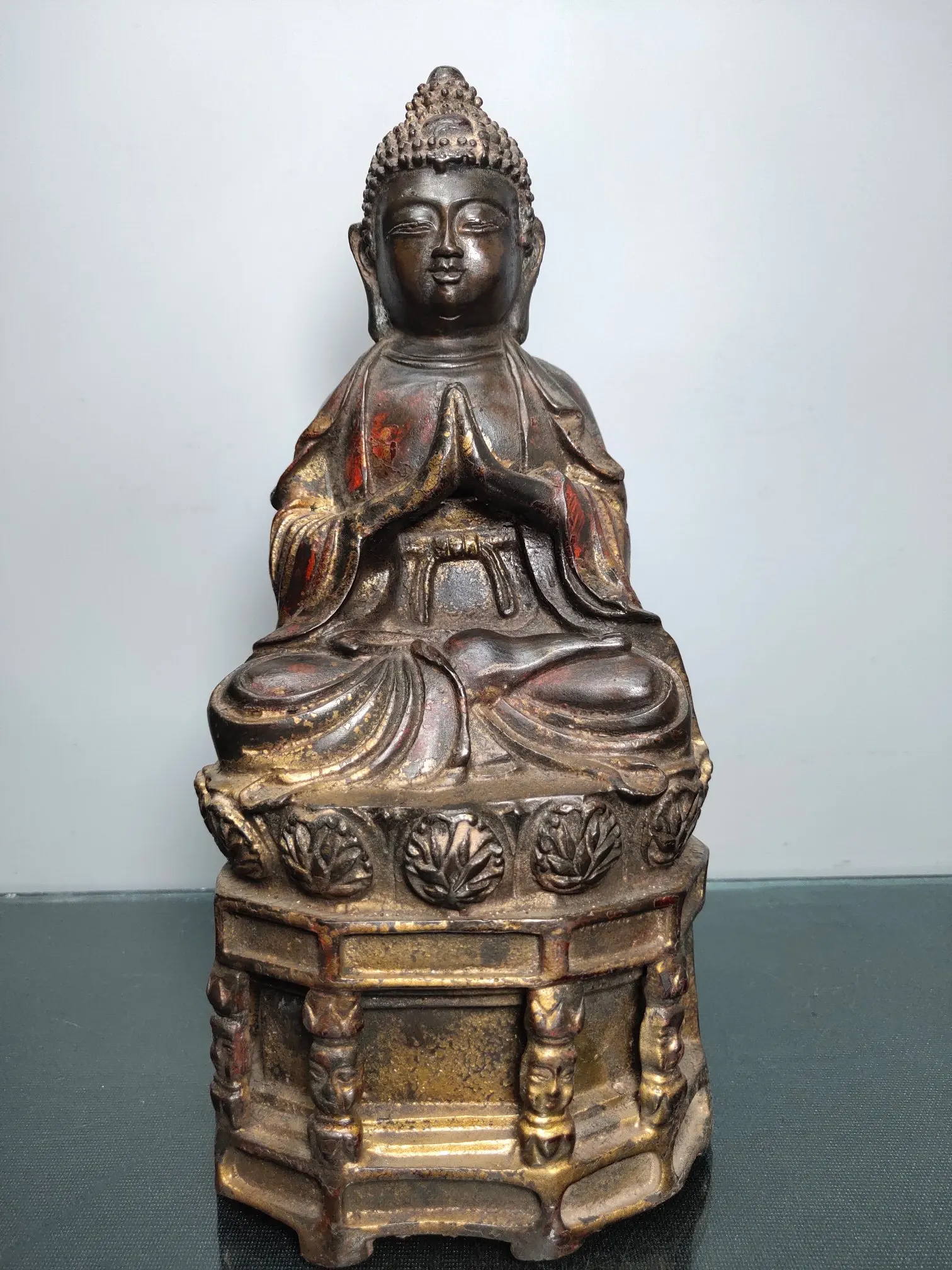 

12"Tibet Temple Collection Old Bronze Cinnabar Lacquer Northern Wei Buddha Amitabha Sakyamuni Bench buddha Enshrine the Buddha