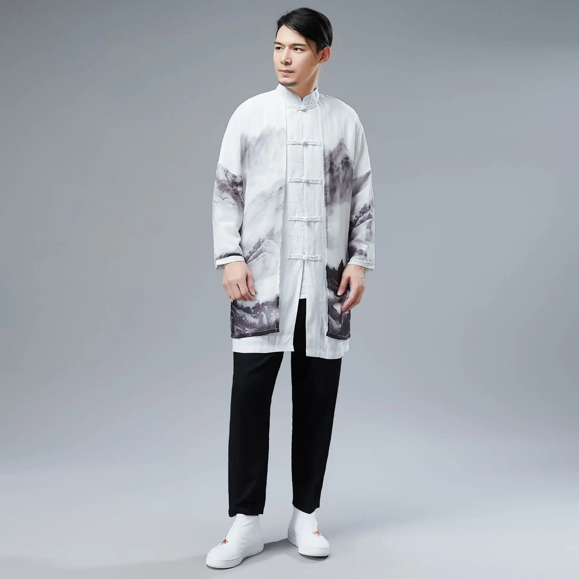 

Chinese Style Landscape Print Long-Sleeve Cardigan Creative Retro Simple but Comfortable Wind Men's Clothing Mens Trench Coat