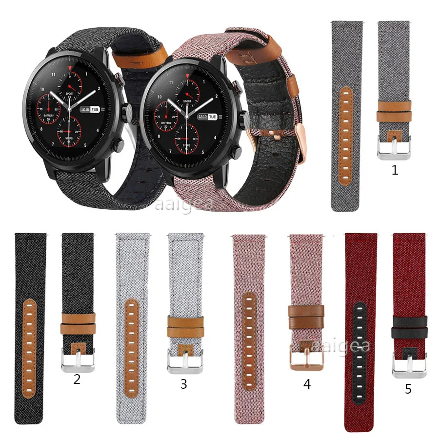 

Canvas Fabric Straps Genuine Leather for Huami Amazfit Stratos 2 2S 3 for GTR 47mm GTR 2 PACE Replacement band strap 20mm 22mm