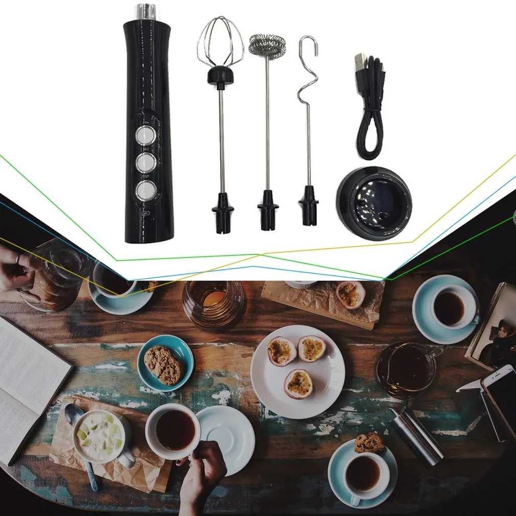 

Rechargeable Electric Milk Frother Three-in-one 3-speed Adjustable Household Stainless Steel Mixer Milk Frother