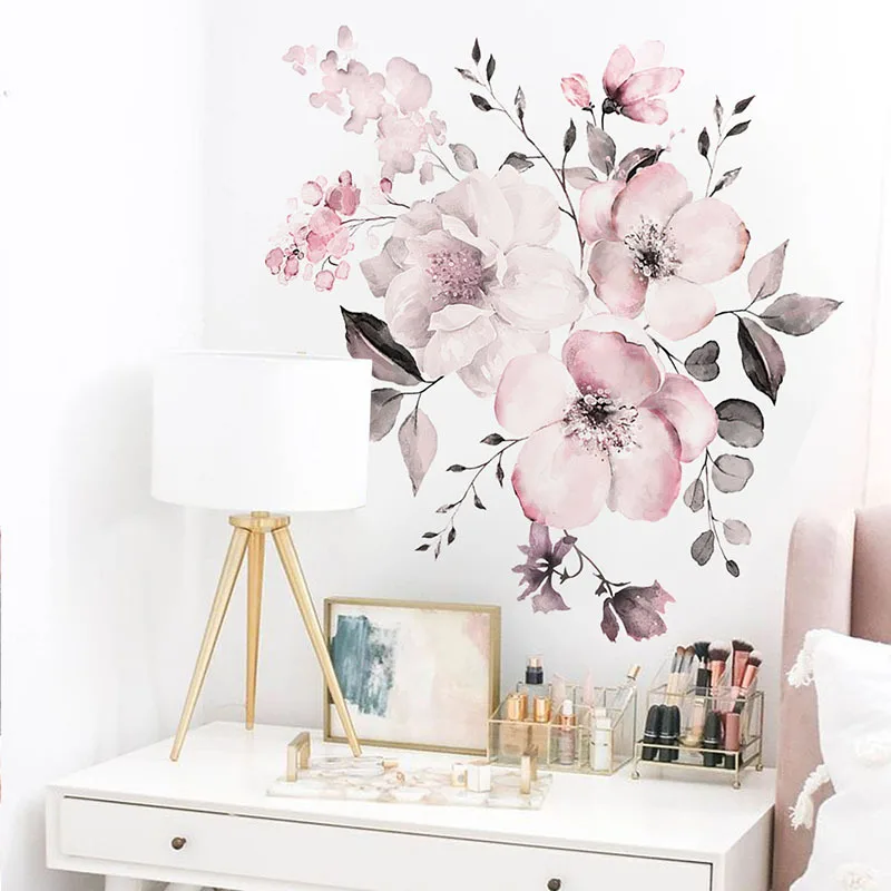 

Water Color Pink Flowers wall stickers bedroom living room decoration mural home decor decals Flower cluster stickers wallpaper