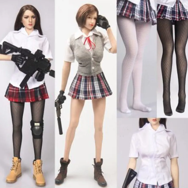 

1/6 TYM126 Scale Female Soldier Cute Student Plaid Skirt Stockings Shirt Knitted Back Set fit 12" Action Figure Model Toy