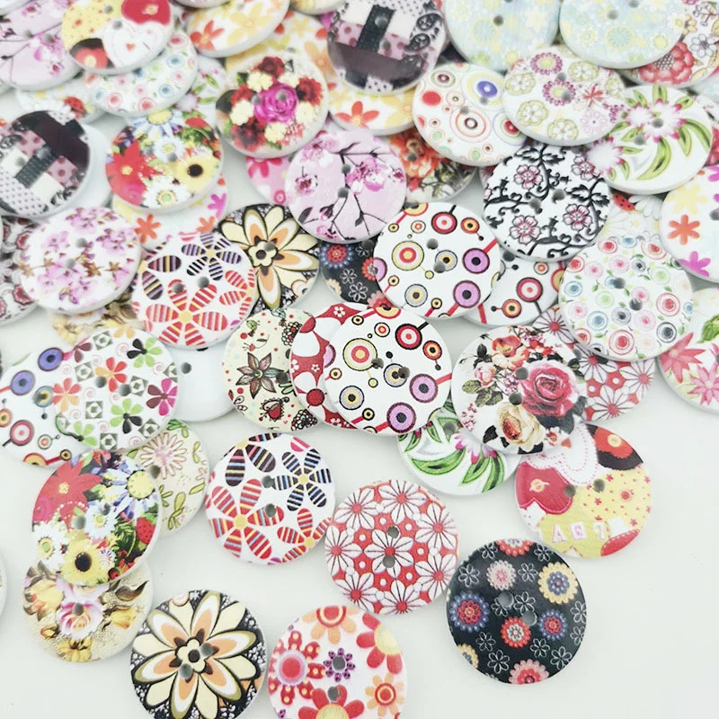 

(100 Pcs/pack) Round 2 Holes Wooden Flowers Button Retro Printing Decorative Wooden Buttons DIY Dress Buttons 24mm Width