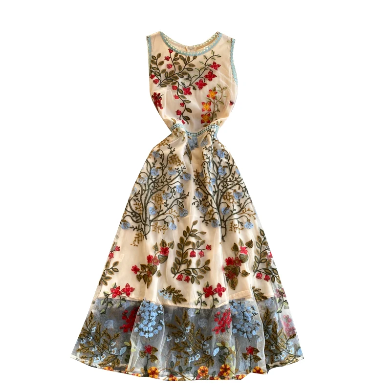 

Guilantu Summer Mesh Embroidery Floral Vintage Dress Women Sleevless Robe Sexy Club Dress Elegant Evening Party Long Dresses