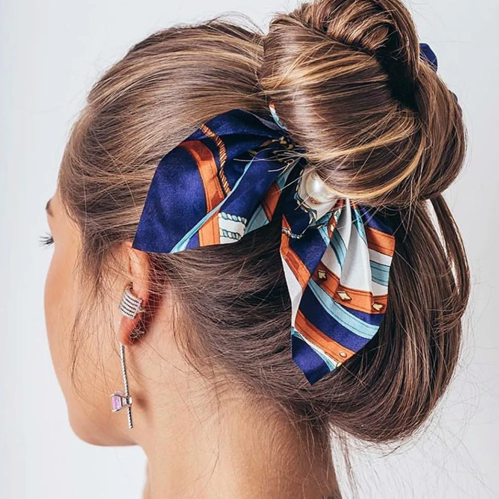 new Women Vintage Silk Hair Scrunchies With Pearl Print Rabbit Ear Scrunchie For Girls Hair Ties Holder Gum For Hair Accessories