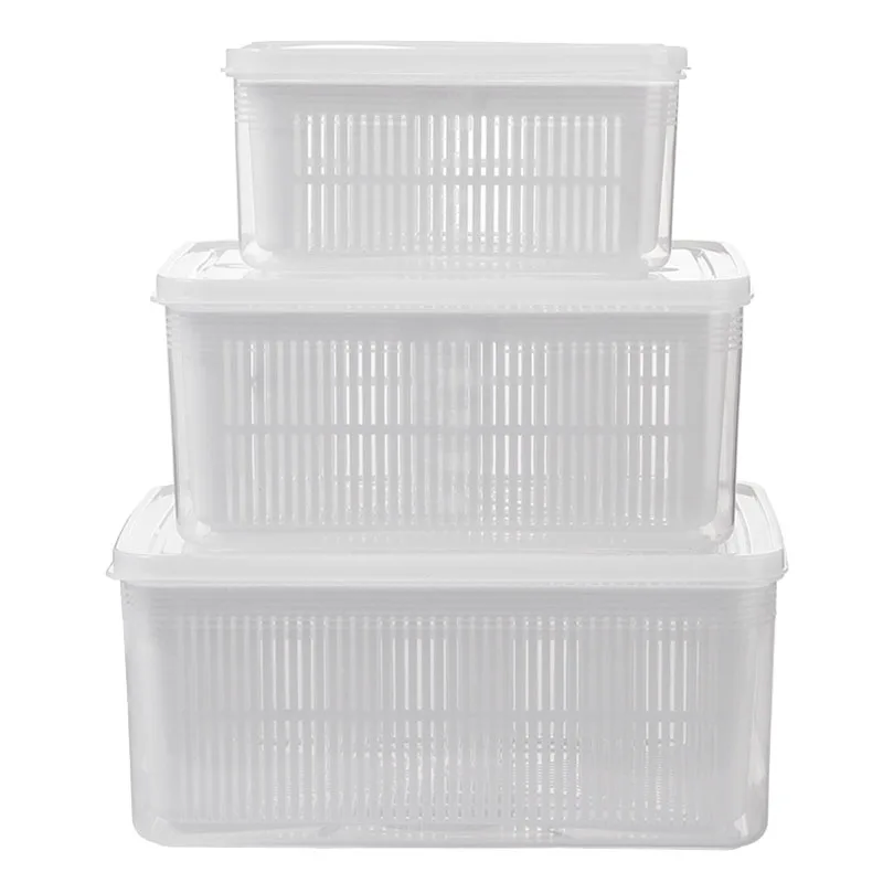 

3Pcs Rectangular Plastic Double Tier Storage Box Household Refrigerator Fruit Vegetable Sealed Crisper Drain Storage Boxes