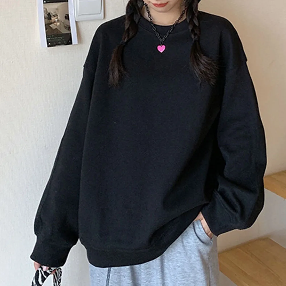 

Hoodie Women Round Neck Grey Long Sleeve Autumn New 2021 Fashion Casual Loose Simplicity Korean Solid Color Pullover