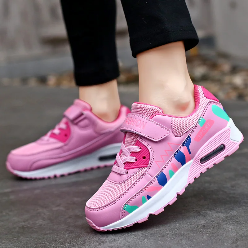 

Air Cushion Pink Girls Sports Shoes Kids Running Sneakers Children Hook&Loop Breathable Mesh Walking Tenis Shoes Boys School New