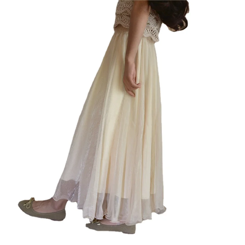 Весна 2019 новинка элегантная нежная золотистая шелковая шифоновая юбка AreMoMuWha