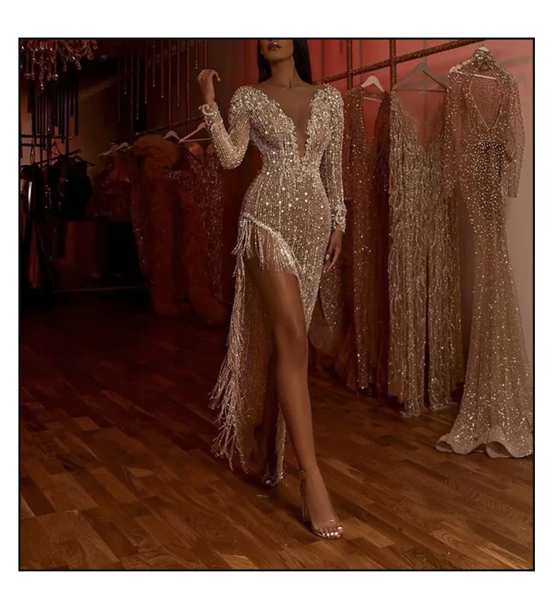

2021 Dress Skirt Tassel Bead Piece Waist Deep V Long Sleeve Side Slit Sexy Asymmetrical Dress Women 511630