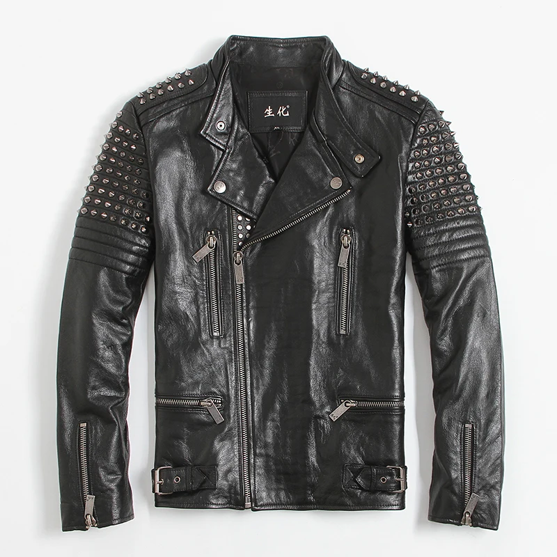 100% куртка из натуральной кожи Мужская мотоциклетная с заклепками байкерская