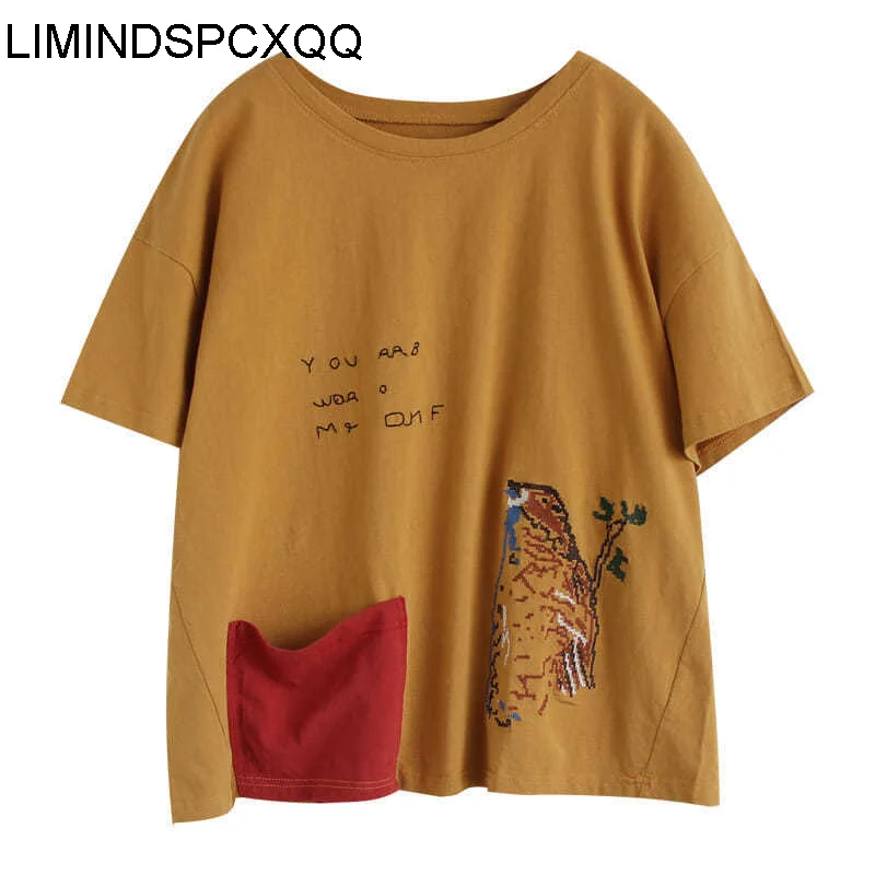 

LIMINDSPCXQQ Yellow Loose Round Neck T-shirt, Women's Print, Cotton Short Sleeve T-shirt, Pocket, 2021 Girls' Oversized Top