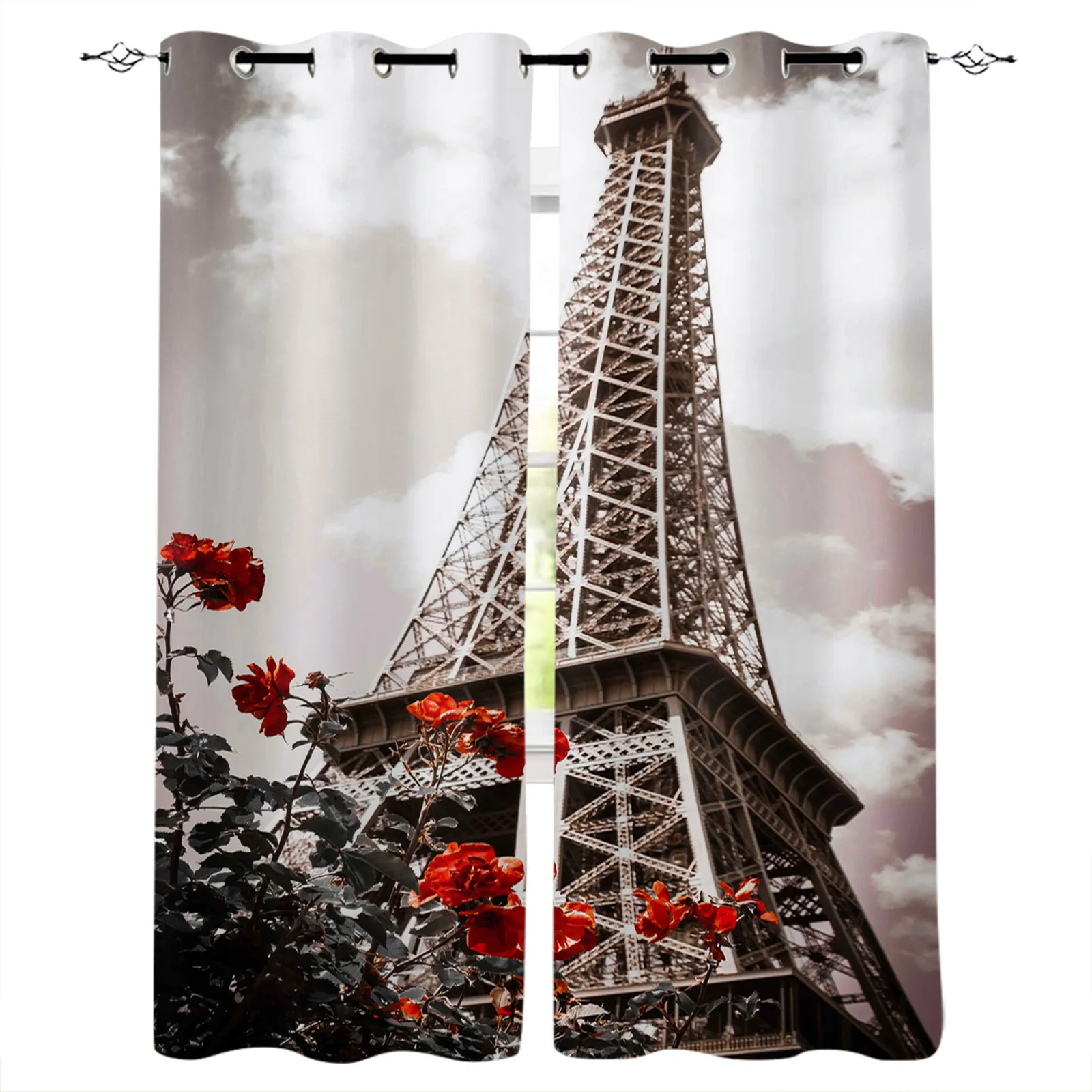 Современные светонепроницаемые шторы в стиле ретро с изображением Эйфелевой