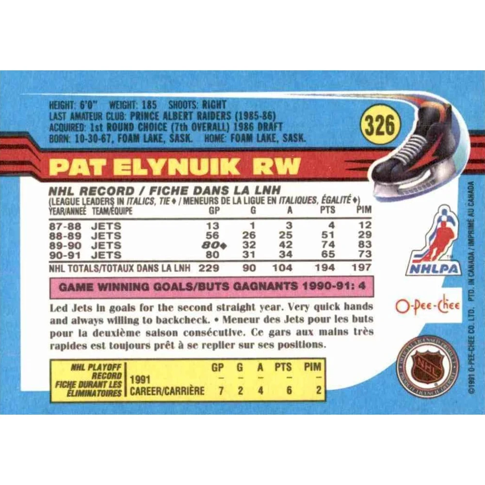 O-Pee-Chee 1991 Коллекционная хоккейная карточка №326 Pat Elynuik | Игрушки и хобби