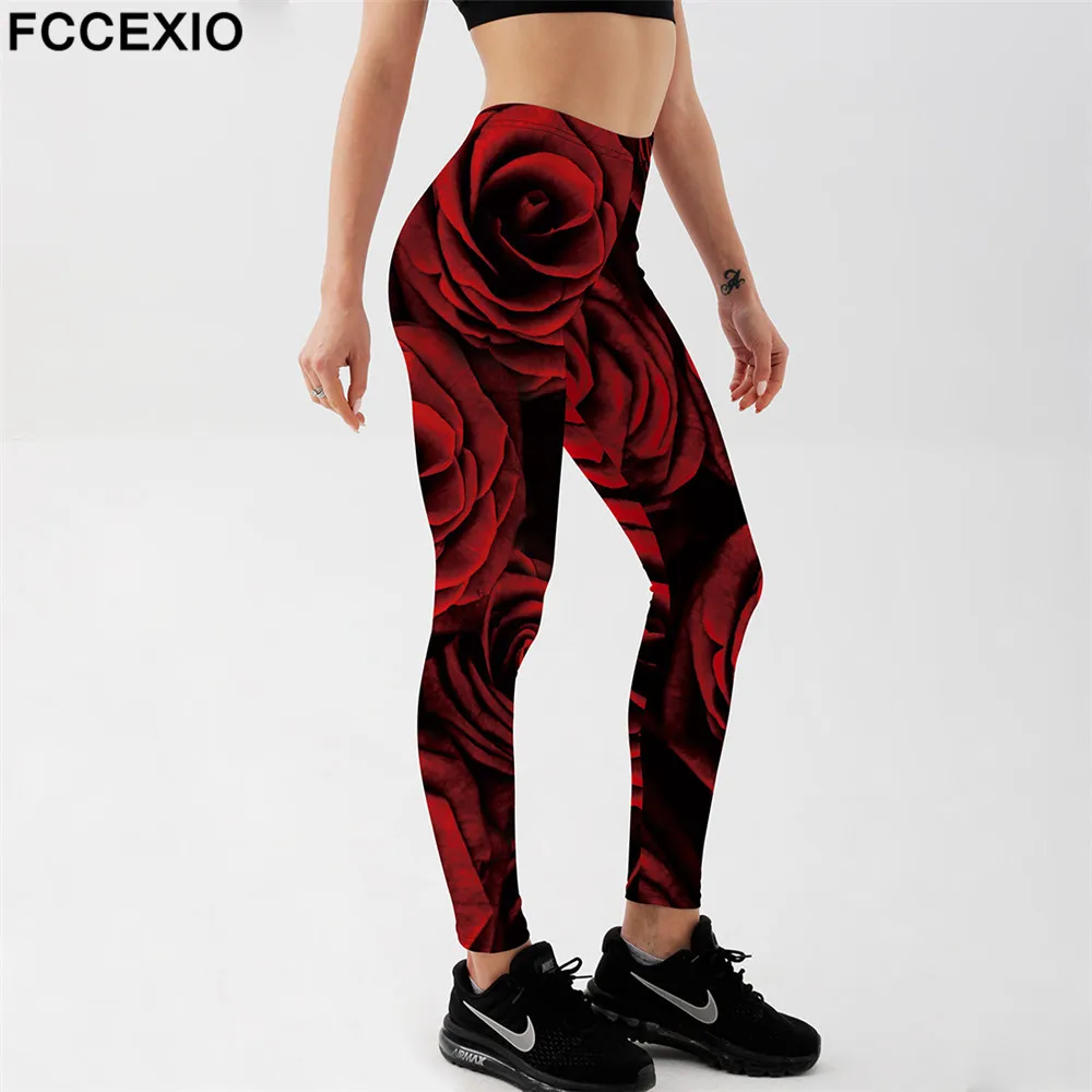 

FCCEXIO Retro Red Rose Print Women High Waist Pants Fashion Fitness Slim Soft Stretch Leggings Sexy Run Trousers