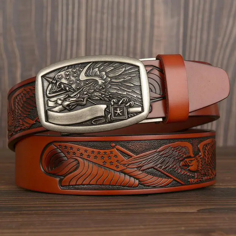 

New Luxury Designer Automatic Buckle Belt Cowhide Carved Eagle Pure Cowhide Leather Belt For Men Personality Casual Pants Belts