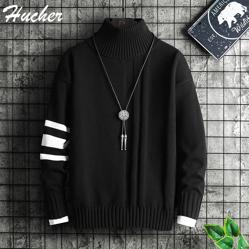

Huncher Mens Turtleneck Sweater Men 2021 Striped Vintage Casual High Neck Jumper Male Korean Style Fashion Black Sweater For Men