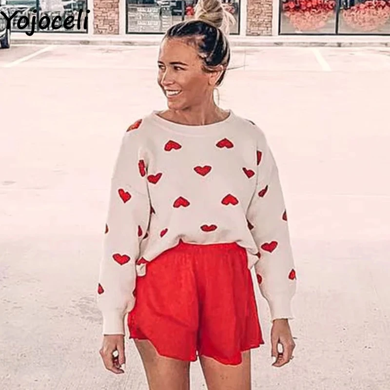 Yojoceli Sexy heart knitted sweater women Autumn winter warm jumper female Casual cute knitting pullover top | Женская одежда