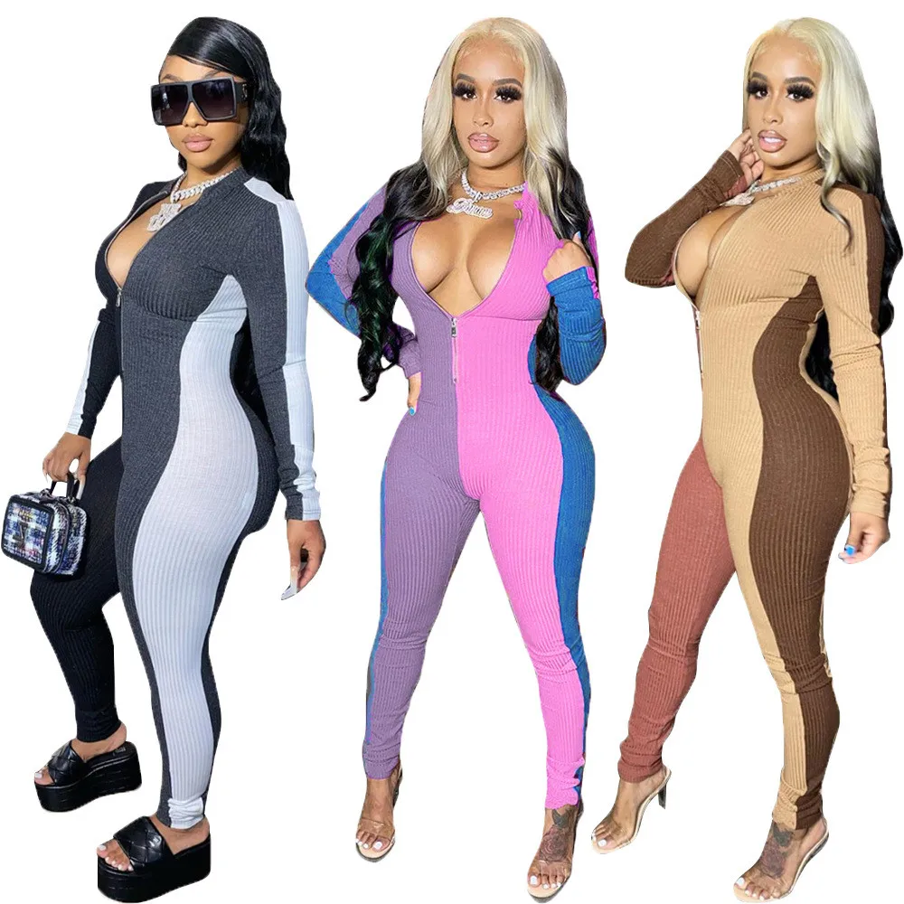 

Tsuretobe Sexy Ribbed Patchwork Jumpsuit For Women Long Sleeve Tight One Piece jumpsuit Zipper Overalls Skinny autumn Clothes