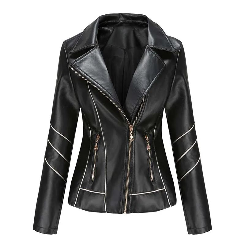 2021 Autumn Faux Leather Jackets Women Long Sleeve Zipper Basic Oversized Coat Turn-down Collar Pu Biker Black Jacket Outwear
