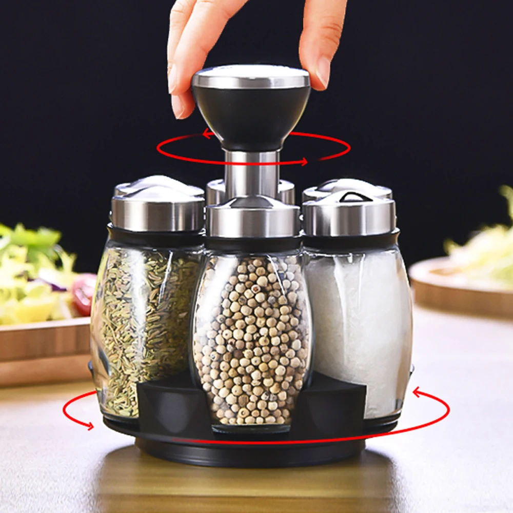 

6 Bottles Spice Rack Rotating Seasoning Storage Stand Pepper Salt Shakers Kitchen Organizer Holder Shelf Condiment Sprays Box