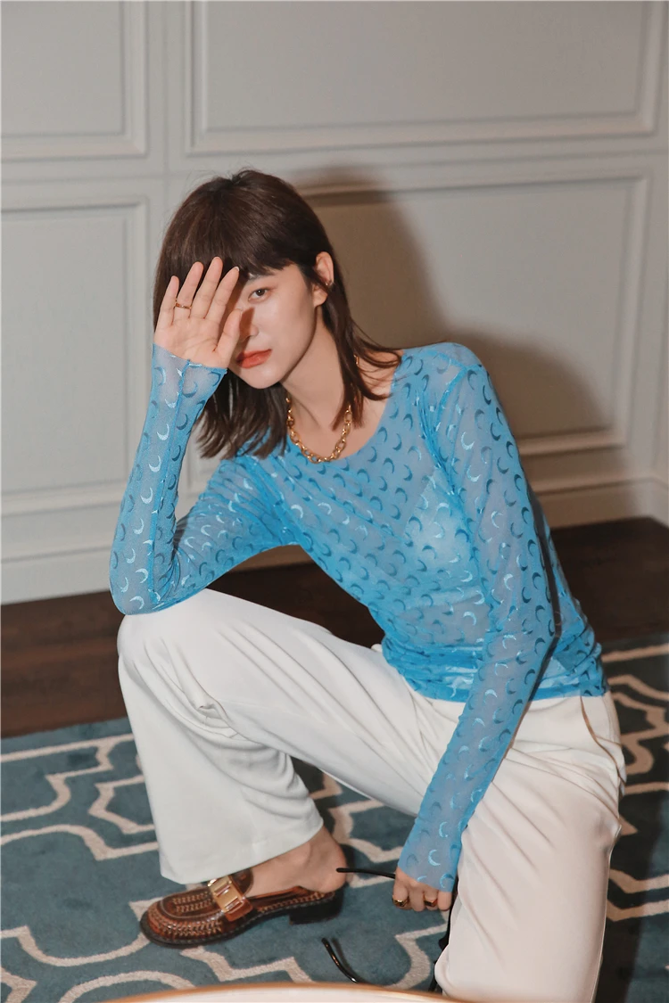 

Spring and Autumn New Fashion Classic Crescent Embroidery Brand Luxury Design Versatile Soft Mesh Long Sleeve Sunscreen Top M2