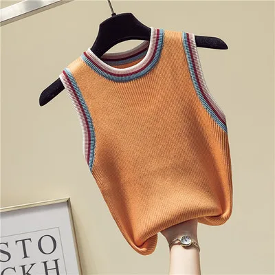 turmeric women Striped Color collision knitted vest female lady Girls suspenders waistcoats thin summer ice silk sleeveless Tank Tops - Цвет: turmeric