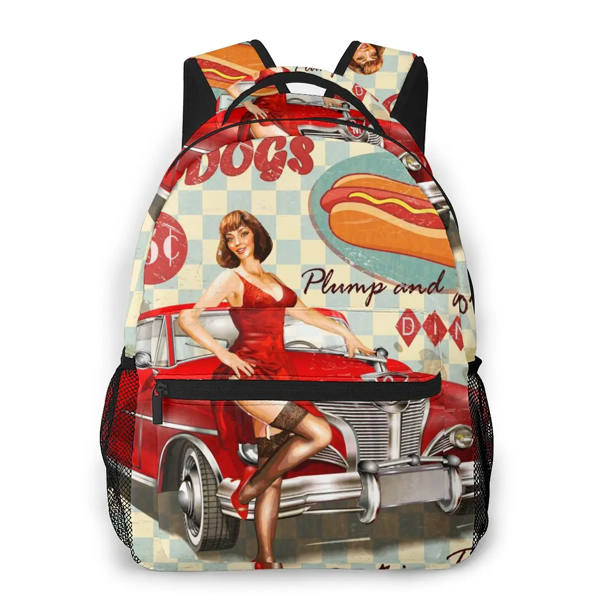 

Женский рюкзак, школьный рюкзак для девочек-подростков, винтажный постер хот-догов с девочкой и машиной, женский рюкзак для ноутбука, дорожн...