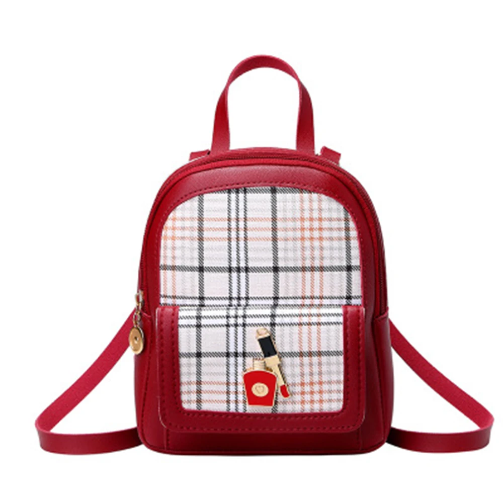 

Women's Contrast Color Plaid Pattern Lady Backpack Casual Mini Fashion Rucksack PU Leather Lipstick Decor Shoulder Bags