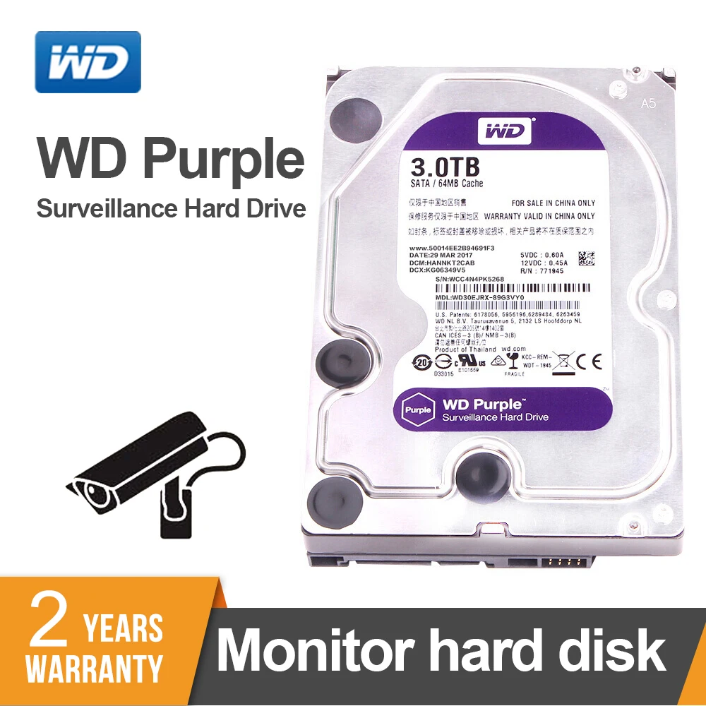 Западный цифровой диск наблюдения WD фиолетовый 3 ТБ SATA 6,0 ГБ/сек. 3," жесткий диск для камеры видеонаблюдения AHD DVR ip-камера NVR WD30EJRX