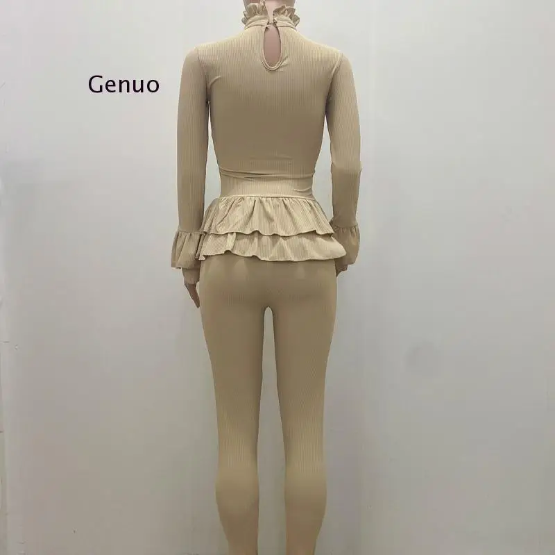 

Solid Ruffles Long Sleeve Slim Fit Ribbed Tops and Elastic Stretchy Bodycon Pant Office Lady Sweatsuits Elegant Two Piece Outfit