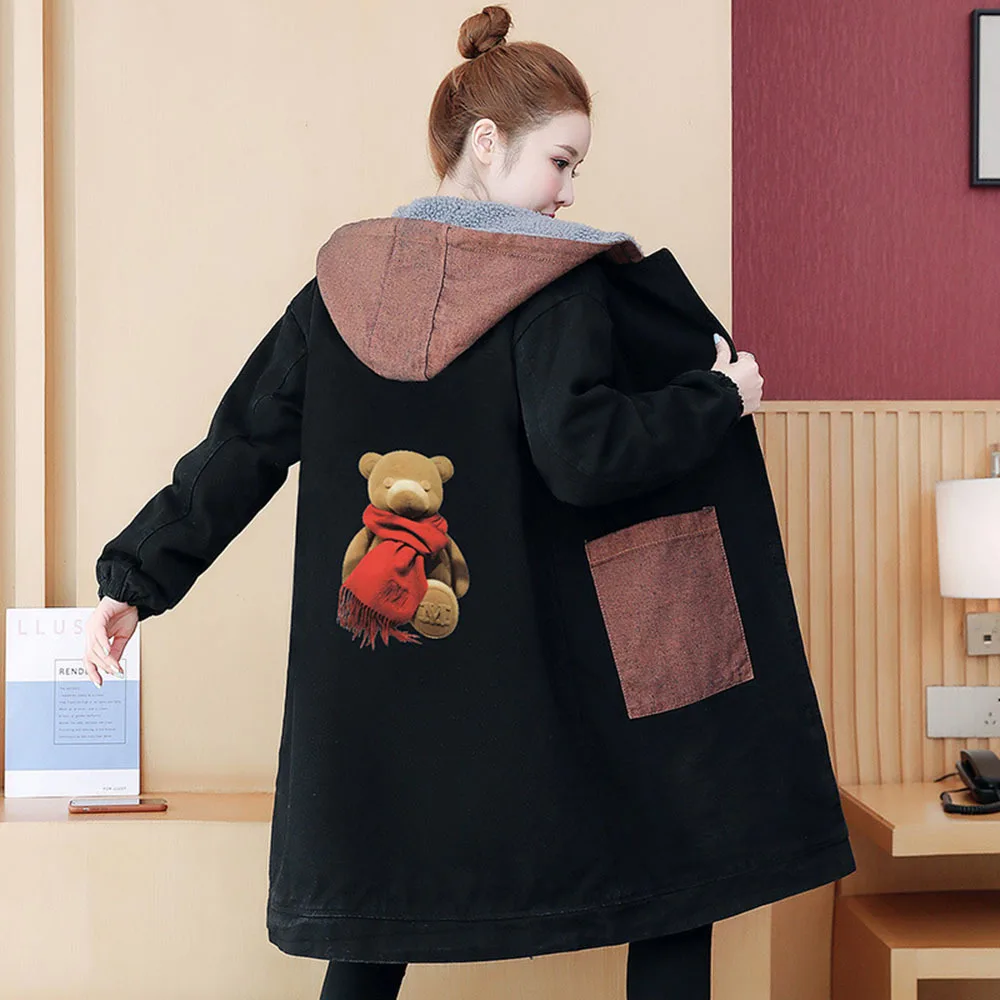 Осенне-зимняя новая куртка средней длины из флиса с капюшоном джинсовая женская