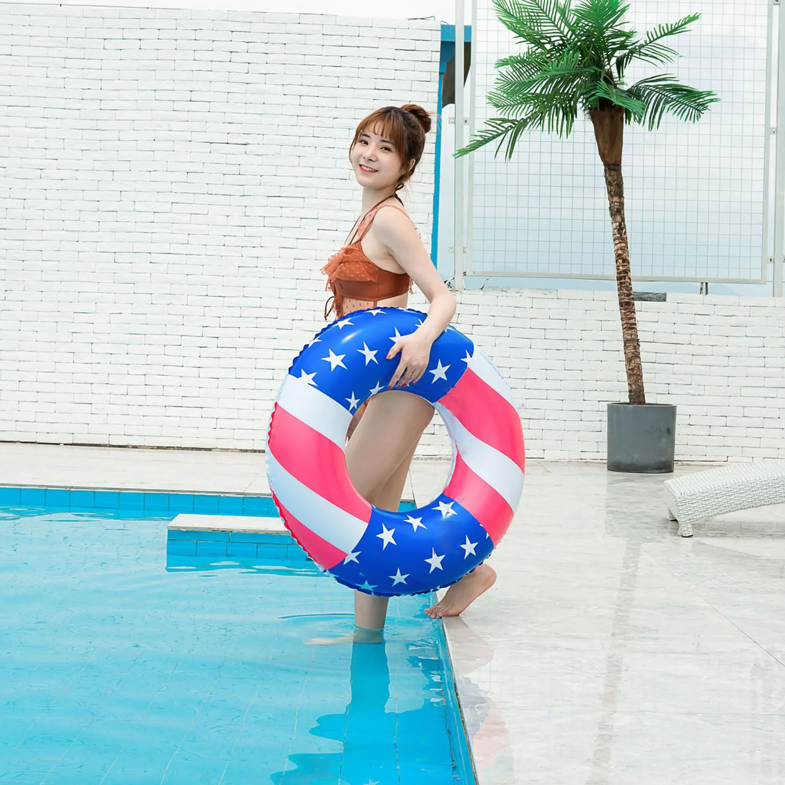 

27 Inch American Flag Inflatable Swimming Ring With Handle Safe Leak Proof Inflatable With Handle PVC Swimming Ring Adults #G